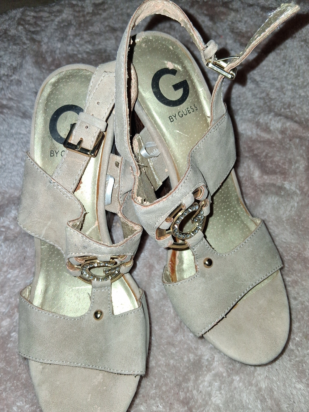 G by GUESS Women's Taupe Suede T-Strap Heels